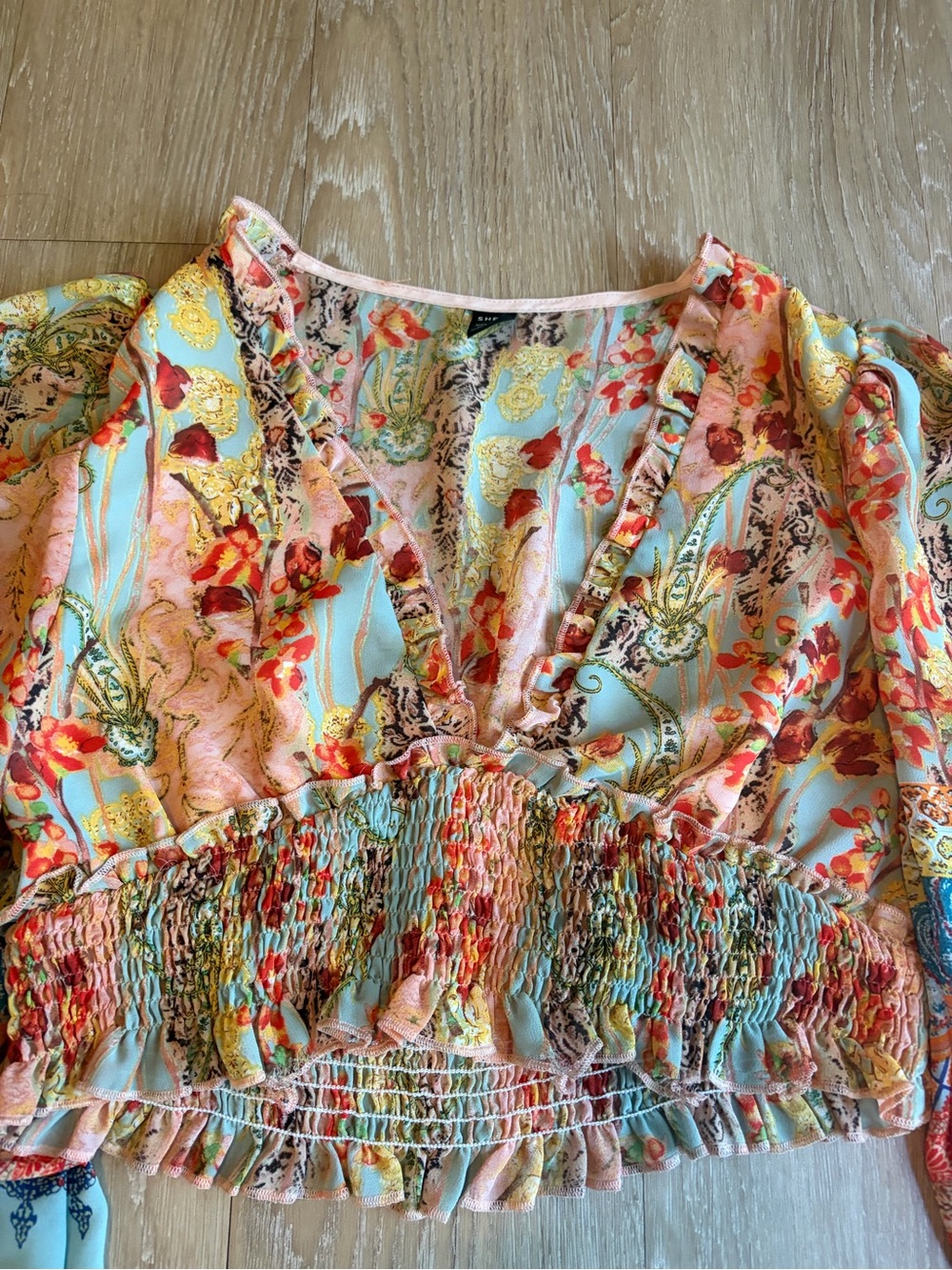 Sage & Coral Floral Smocked Cropped Peasant Top - Picture 5 of 13